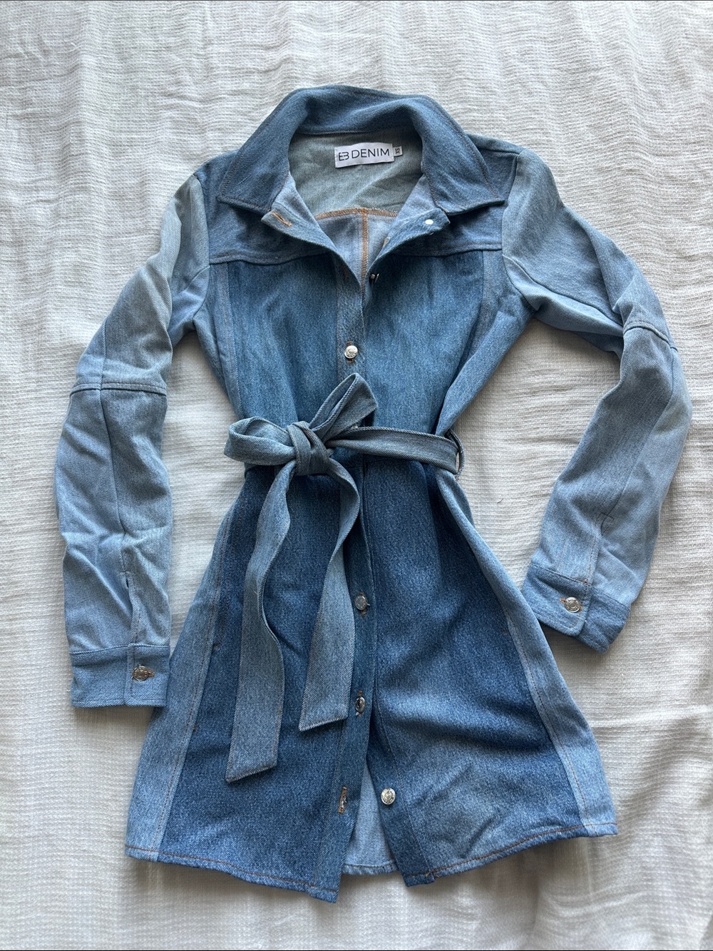 EB Denim Two-Tone Blue Long Sleeve Denim Belted Dress